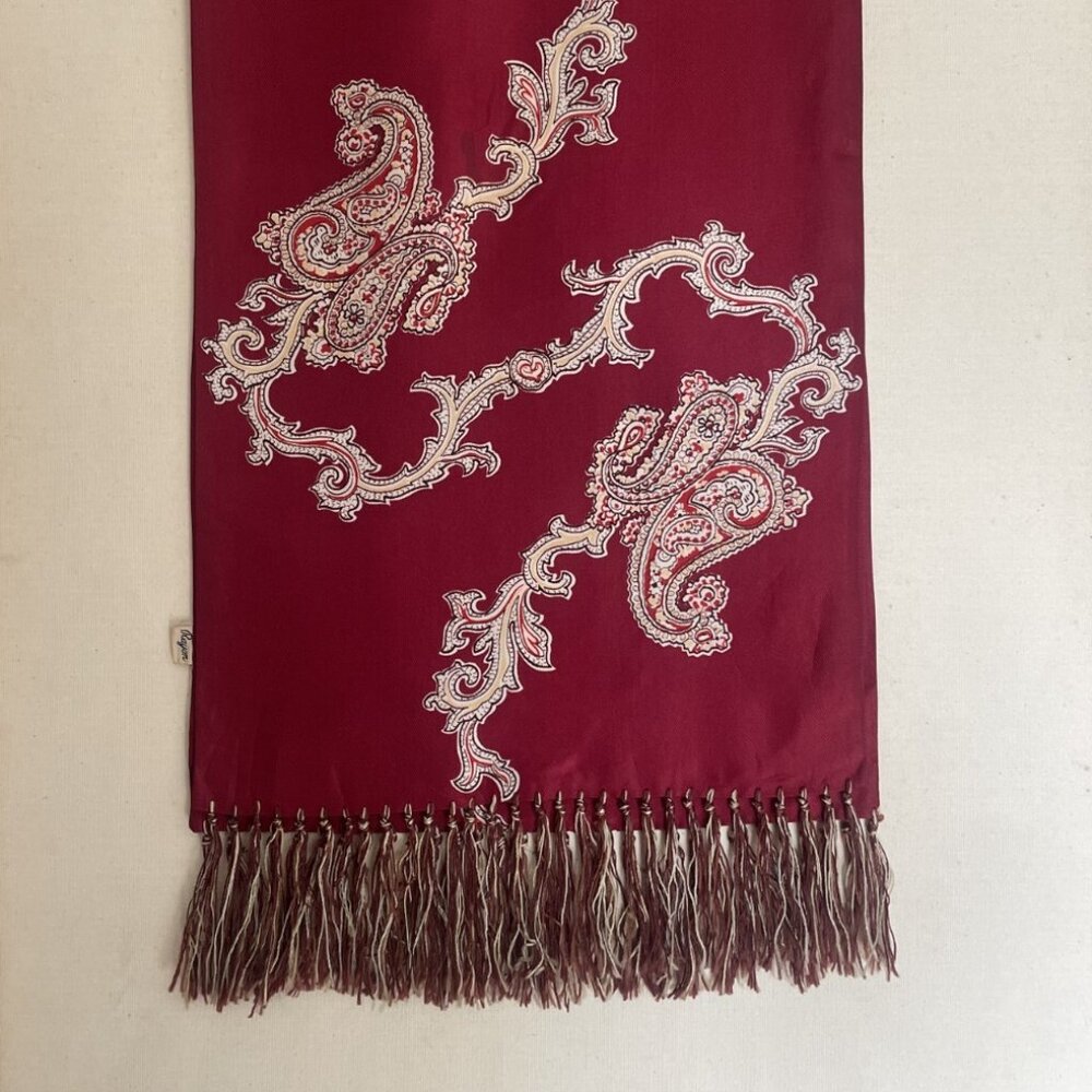 Burgundy and Gold Paisley Vintage Opera Scarf with Hand Knotted Fringe